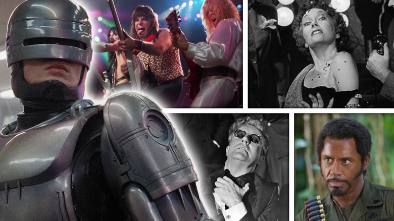 RoboCop next to shots from This is Spinal Tap, Sunset Boulevard, Dr. Strangelove, and Tropic Thunder in a composite image