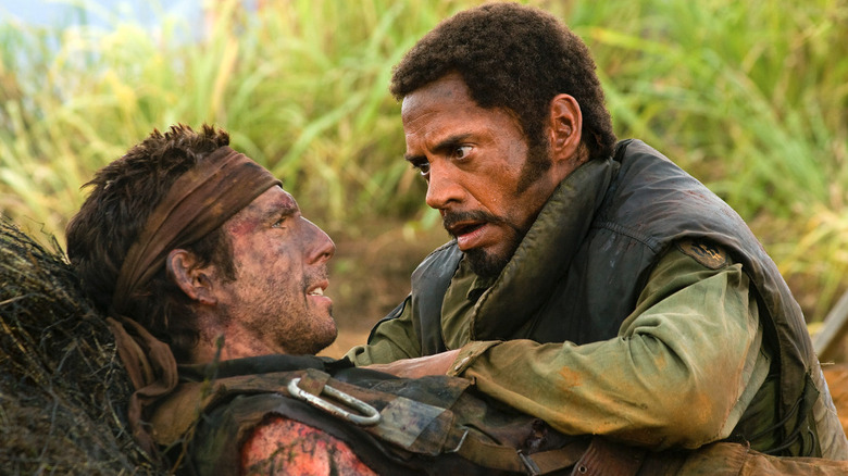 Tugg Speedman (Ben Stiller) tries to cry while acting with Kirk Lazarus (Robert Downey Jr.) in Tropic Thunder