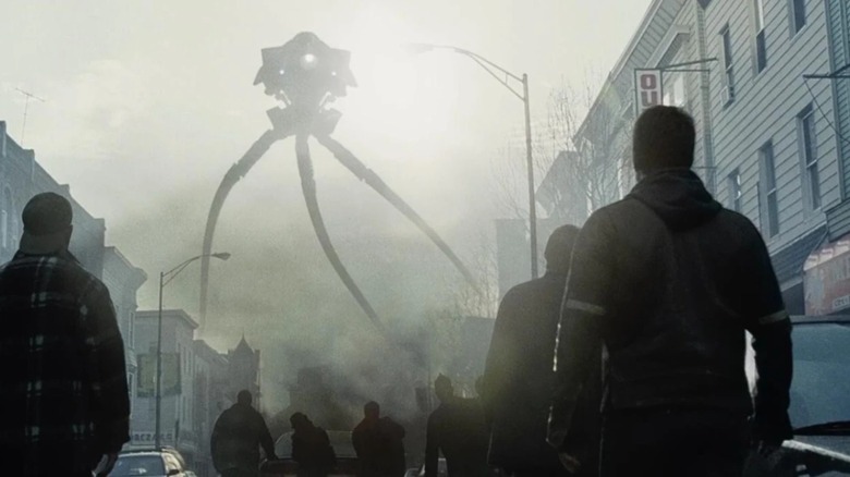 A tripod regards innocent New Yorkers in Steven Spielberg's War of the Worlds
