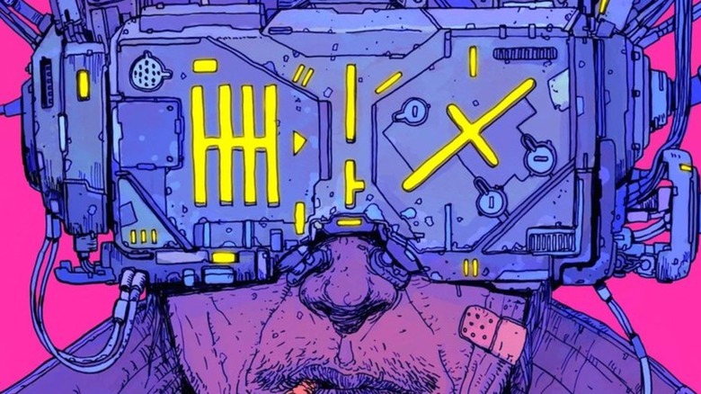 Aleph edition cover of Ace's Neuromancer, featuring neon colored pop art of Case logged in.