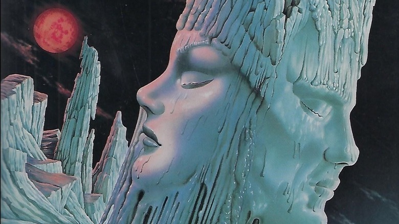 Anniversary cover of the original edition of The Left Hand of Darkness, featuring a male and female ice sculpture against an alien sky