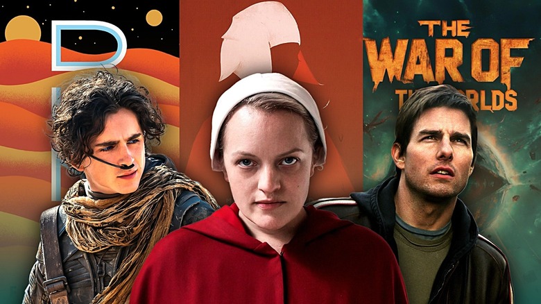 Timothee Chalamet as Paul Muad'Dib before a cover of Dune, Elizabeth Moss as Offred before a cover of the Handmaid's Tale, and Tom Cruise as generic dad guy Ray before a cover of War of the Worlds