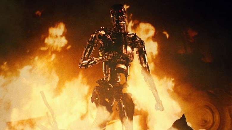 The robotic Terminator skeleton rising from flames in The Terminator