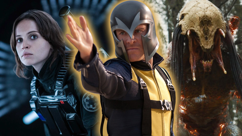 Michael Fassbender as Magneto in X-Men: First Class surrounded by Felicity Jones as Jyn Erso in Rogue One and the Predator from Prey