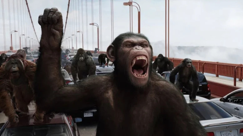 Caesar (Andy Serkis) holds up his fist and roars in front of a group of apes on the Golden Gate Bridge in Rise of the Planet of the Apes