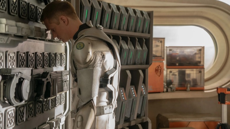 Alexander Skarsgard, as the SecUnit self-named Murderbot, is metaphorically checking the perimeter on Murderbot