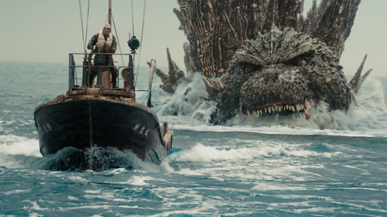 Godzilla chases boat in Godzilla Minus One