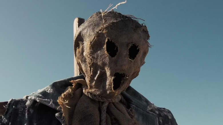 A close-up of Larry Drake as Bubba Ritter in Dark Night of the Scarecrow, seemingly situated up on his scarecrow post, set against the blue sky.