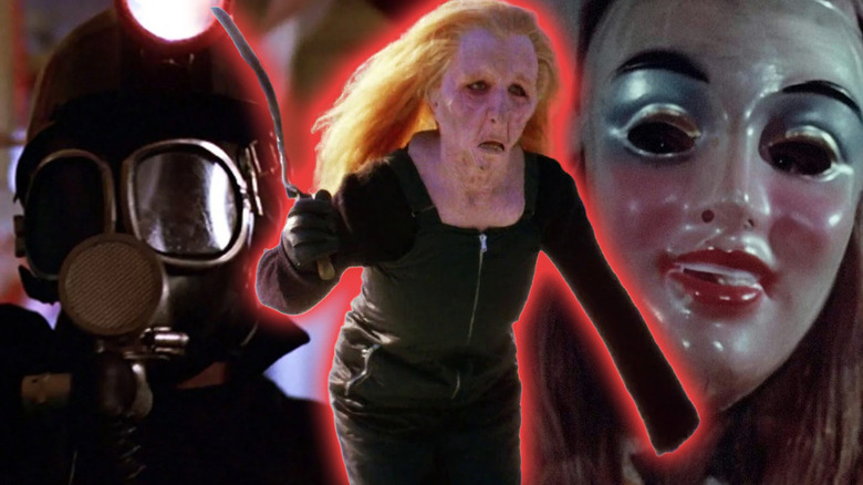 Patti O'Connor wielding a blade on ice in Curtains surrounded by shots from My Bloody Valentine (1981) and Alice Sweet Alice in a composite image