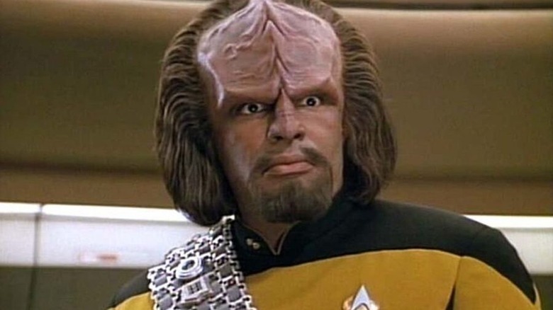 Worf (Michael Dorn) stands surprised on the Enterprise bridge in Star Trek: The Next Generation