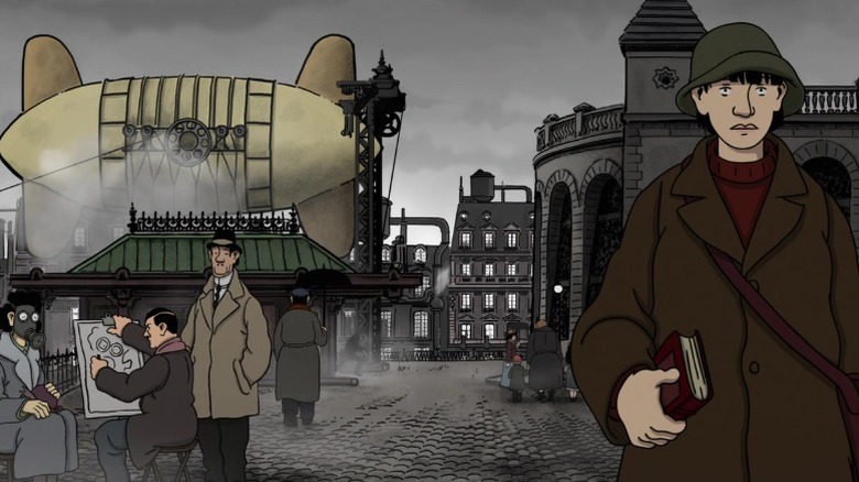 April Franklin walking past a docked airship in April and the Extraordinary World