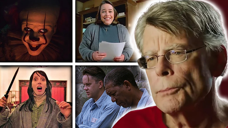 Stephen King next to shots from IT (2017), Misery, The Shining, and The Shawshank Redemption