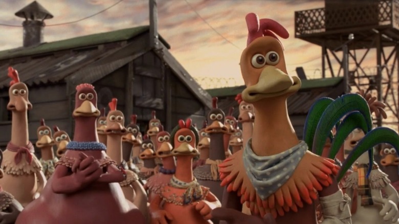 Rocky (Mel Gibson) leading all of the chickens in Chicken Run