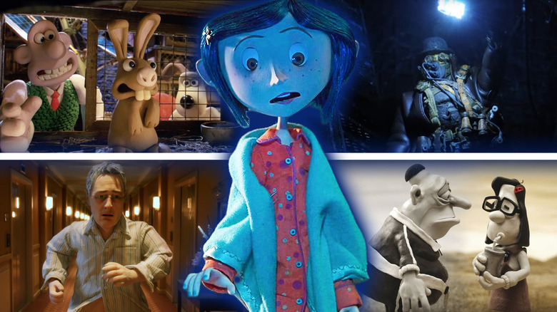 Coraline in pajamas bathed in blue light surrounded by shots from Wallace and Gromit: Curse of the Were-Rabbit, Mad God, Anomalisa, and Mary & Max