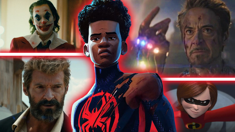 Joker, Logan, Tony Stark, Elastigirl, and Miles Morales in a collage image