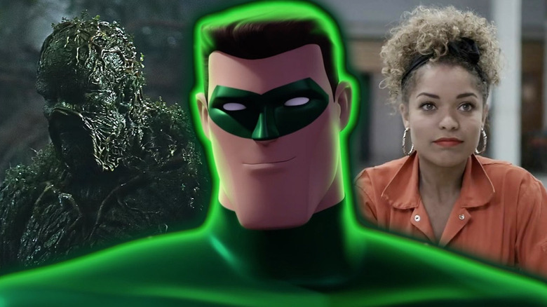 Hal Jordan in Green Lantern: The Animated Series surrounded by shots from Swamp Thing (2019) and Misfits