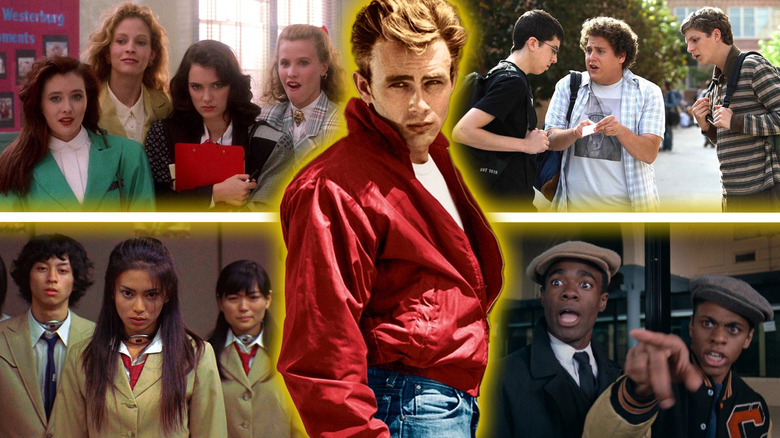 Jim Stark in Rebel Without a Cause surrounded by shots from Heathers, Superbad, Battle Royale, and Cooley High