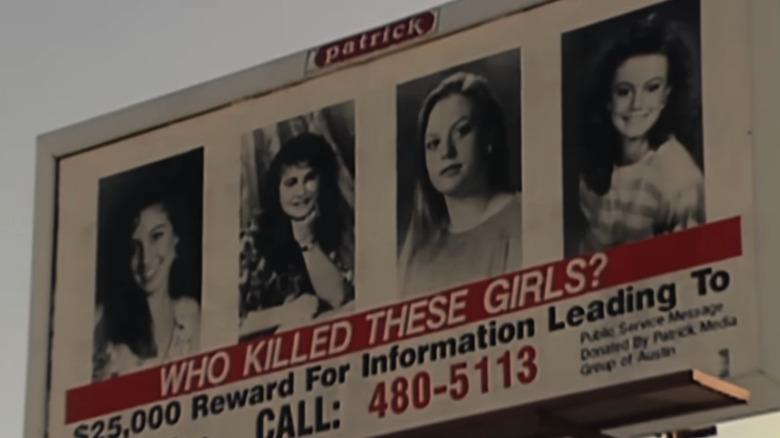 A billboard with photos of young girls asks "WHO KILLED THESE GIRLS" in The Yogurt Shop Murders.