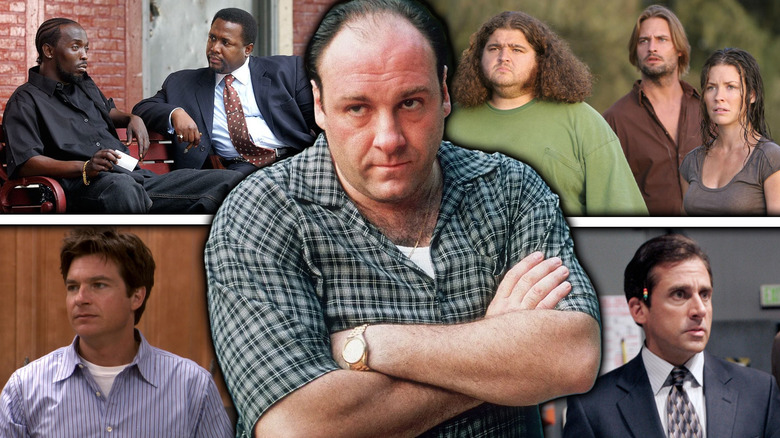 Tony Soprano in The Sopranos surrounded by shots from The Wire, The Office (US), Arrested Development, and Lost in a composite image