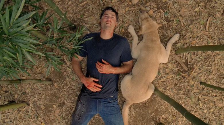Jack Shephard laying on the ground next to Vincent the dog on Lost