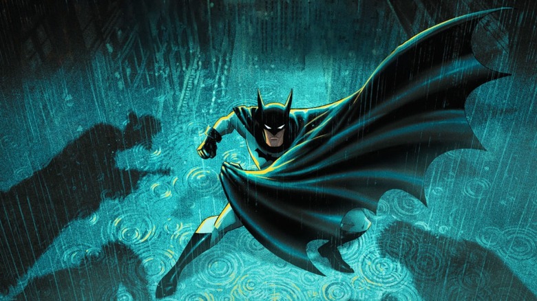 Batman: Caped Crusader Season 2 poster, Batman in rain surrounded by shadows of his enemies