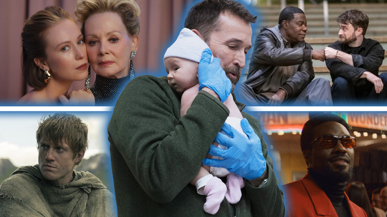 A collage of characters from The Pitt, Hacks, The Fall and Rise of Reggie Dinkins, Wonder Man, and A Knight of the Seven Kingdoms