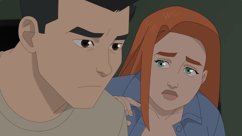 Gillian Jacobs as Atom Eve comforts Steven Yeun as Mark Grayson in Invincible Season 4