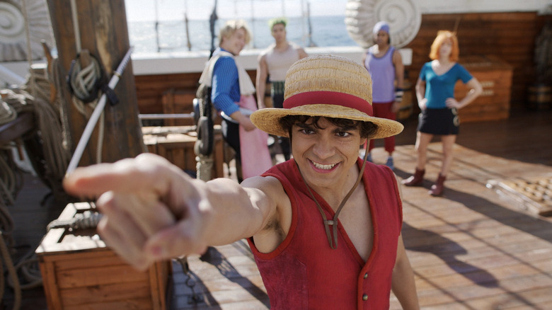 Monkey D. Luffy pointing at the Straw Hats' next destination in One Piece