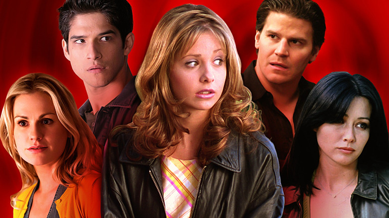 Sarah Michell Gellar as Buffy Summers from Buffy the Vampire Slayer looks toward the right in front of Anna Paquin as Sookie Stackhouse from True Blood, Tyler Posey as Scott McCall from Teen Wolf, David Boreanaz as Angel from Angel, and Shannen Doherty as Prue Halliwell from Charmed