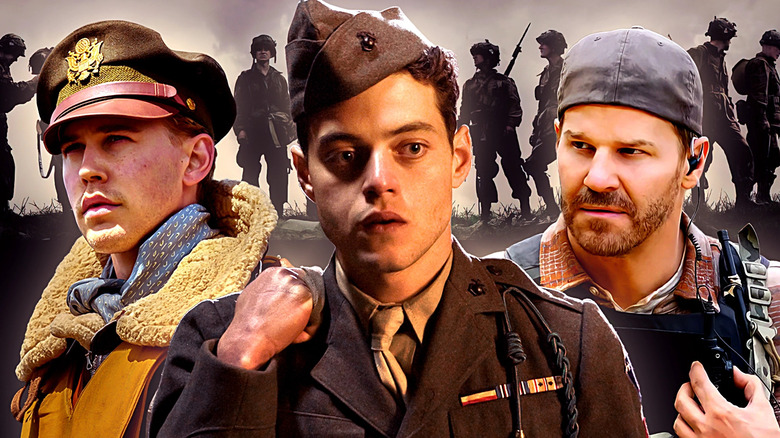 A collage of Snafu Shelton (Rami Malek) in The Pacific, Buck Cleven (Austin Butler) in Masters of the Air, Jason Hayes (David Boreanaz) in SEAL Team against a background from Band of Brothers