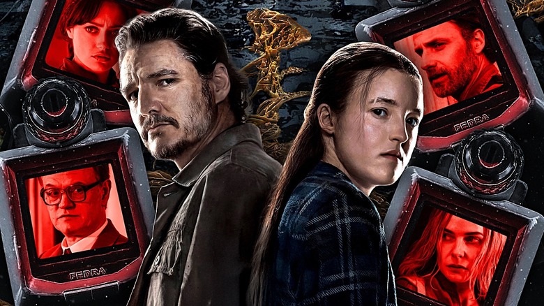 Pedro Pascal and Bella Ramsey as Joel and Ellie from The Last of Us, and in monitors around them, Rebecca Ferguson as Juliette in Silo, Jared Harris as Valery in Chernobyl, Ella Purnell as Lucy in Fallout, and Andrew Lincoln as Rick in The Walking Dead.