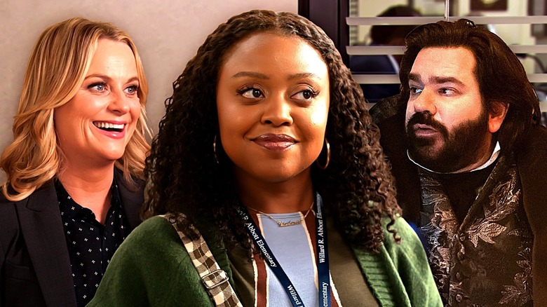 Amy Poehler in Parks & Recreation, Quinta Brunson in Abbott Elementary, and Matt Berry in What We Do in the Shadows.