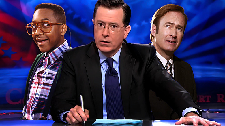 A collage of Stephen Colbert in The Colbert Report flanked by Steve Urkel (Jaleel White) in Family Matters and Saul Goodman (Bob Odenkirk) in Better Call Saul