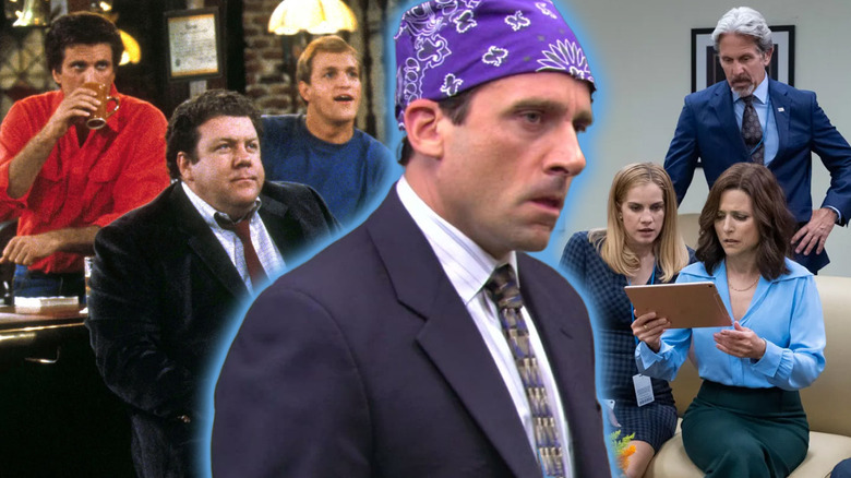 Ted Danson, George Wendt, and Woody Harrelson in Cheers next to Steve Carell in The Office, and Anna Chlumsky, Gary Cole, and Julia Louis-Dreyfus in Veep representing the best workplace comedies