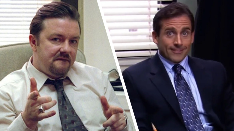Steve Carell as Michael Scott and Ricky Gervais as David Brent in their offices in a composite image in The Office UK and US versions