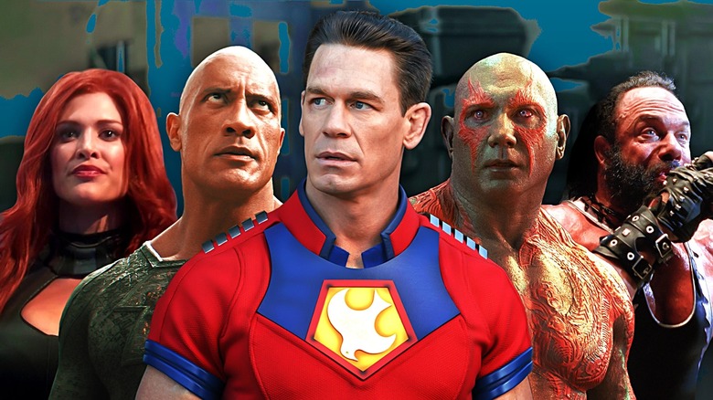 Composite image of Eve Torres' Maxima in Supergirl, Dwayne Johnson's Black Adam in Black Adam, John Cena's Peacemaker in Peacemaker, Dave Bautista's Drax in the Marvel Cinematic Universe, and Randy Savage's Bonesaw McGraw in Spider-Man