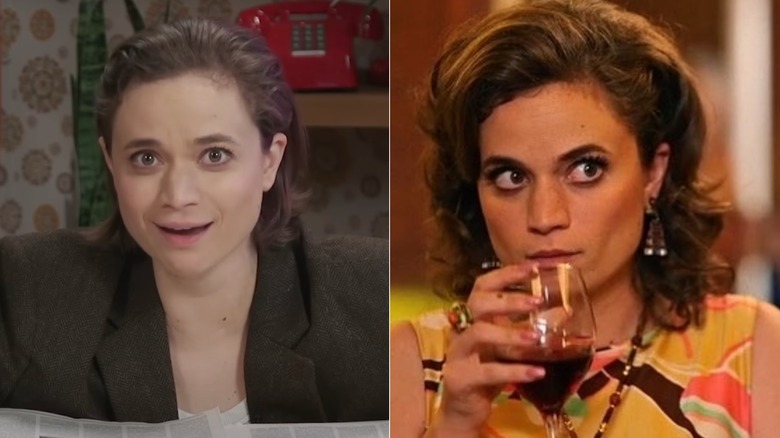 Angela Giarratana smiling in Bit City/Giarratana as Sylvia drinking wine in Minx