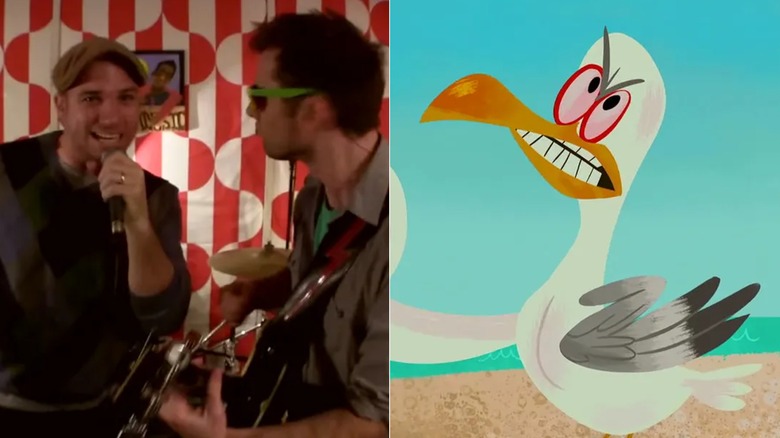 Lloyd Ahlquist rapping and Peter Shukoff playing guitar/rapping seagull in SpongeBob SquarePants: Sponge Out of Water