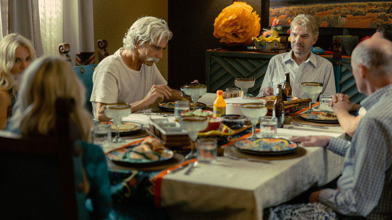 Ali Larter's Angela Norris, Michelle Randolph's Ainsley Norris, Sam Elliott's T.L. Norris, and Billy Bob Thornton's Tommy Norris sit around the dinner table in Landman