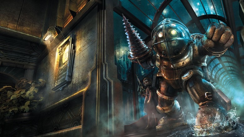 A big daddy and little sister in Bioshock