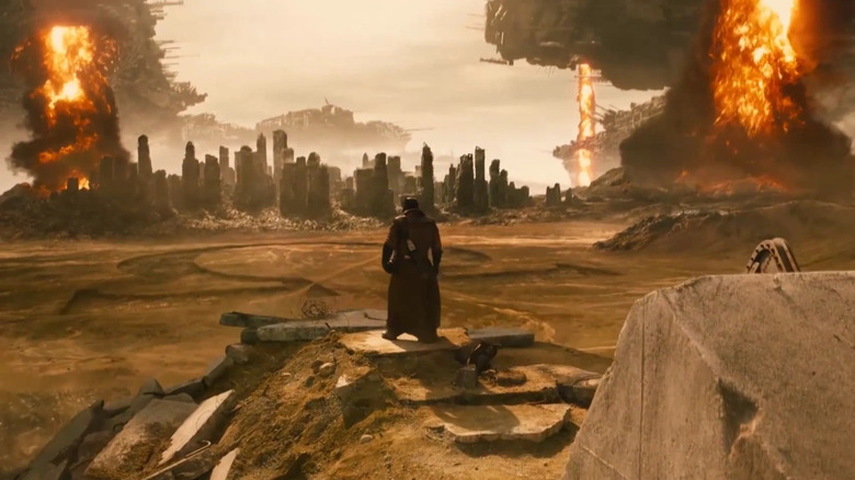 Batman staring out into an apocalyptic world in Justice League