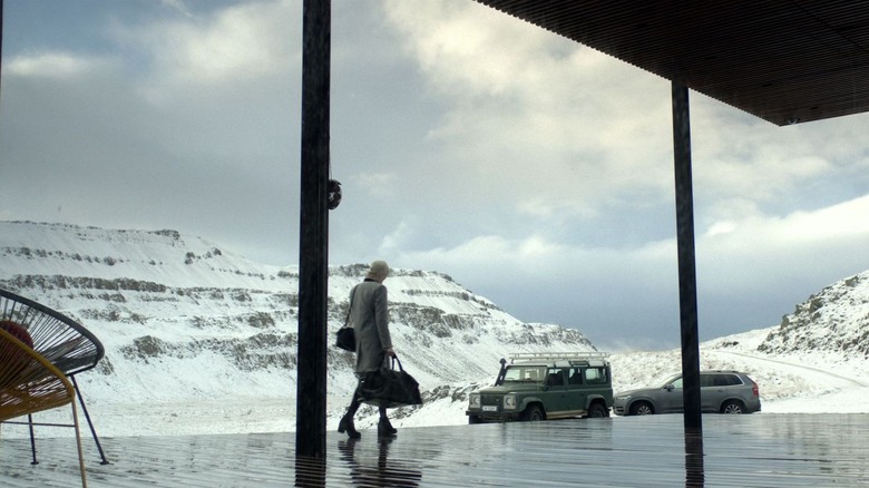 Black Mirror, a shot of Mia heading out to her car, the snow-filled hilly landscape taking up most of the screen