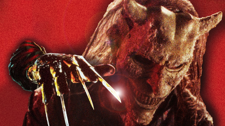 Freddy Krueger's claw hand going over The Grabber's shoulder