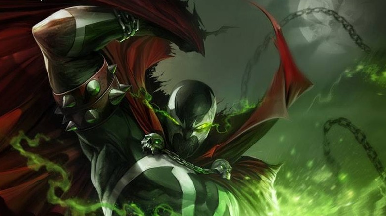 Spawn surrounded in chains and green light on the cover of Spawn #320