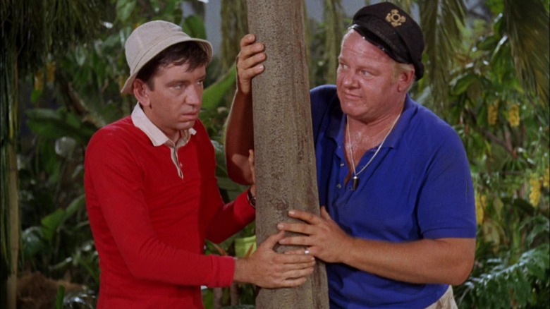Gilligan and the Skipper touching a tree on Gilligan's Island.