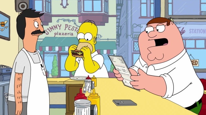 Homer Simpson and Peter Griffin hanging out with Bob at his restaurant in Family Guy