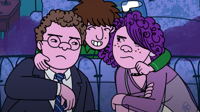 The Schwooper siblings sitting (unwillingly) together in Long Story Short