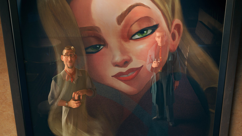 Ray and another man looking at an oversized poster of Venus Nova