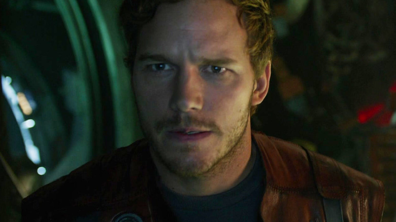 Chris Pratt's Starlord is seen in closeup in Guardians of the Galaxy