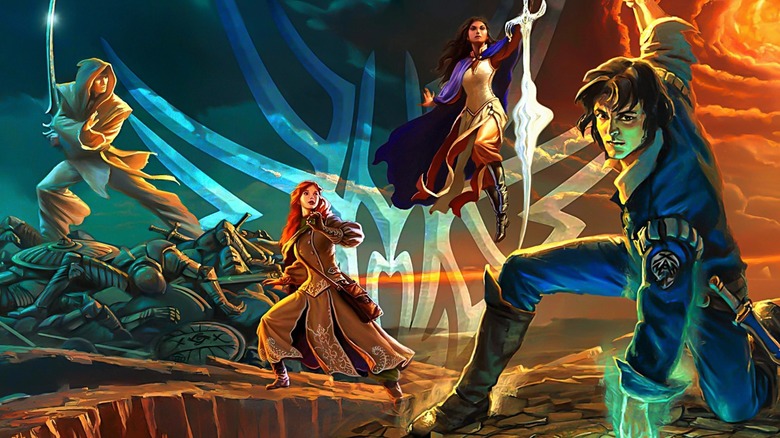 Szeth, Jasnah, Shallan, and Kaladin stand before the Edgedancer glyph in a composite of several Stormlight Archive covers
